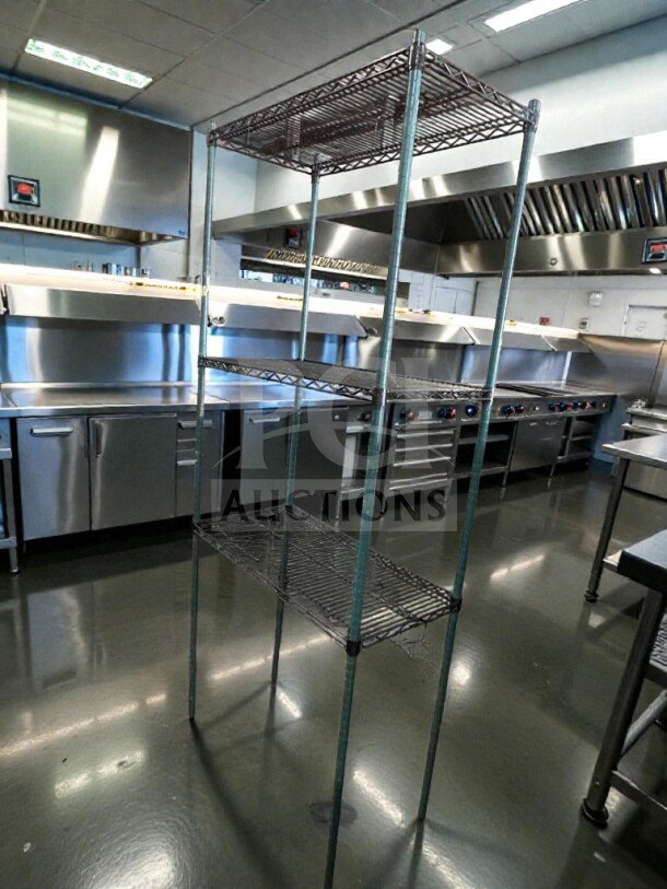 4-Tier wire shelving rack in excellent condition, heavy-duty, NSF style, fully inspected, model STO-S-RACK-0355.