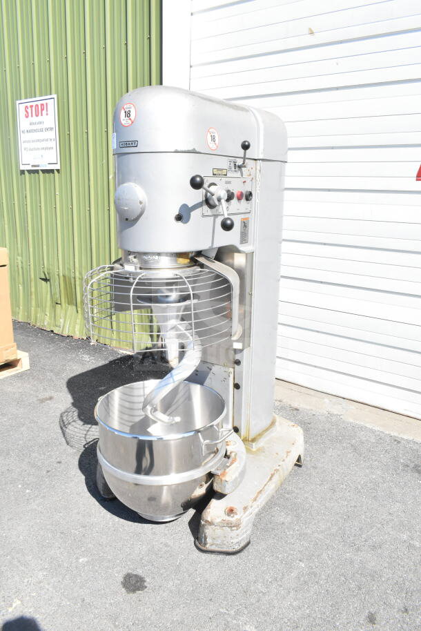 Hobart M802 80 Qt. commercial dough mixer with bowl, guard, and hook. 200V, 3-phase, floor style. Used condition.