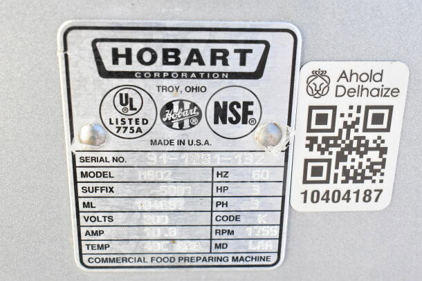 Hobart M802 commercial mixer label, model details, serial number 31-1391-132, 200V, 3 phase, NSF certified.