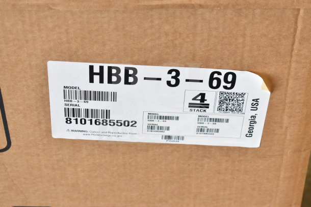 Box label for Hoshizaki HBB-3-69 back bar cooler, showing model, serial number 8101685502, warning, and “Georgia, USA.”