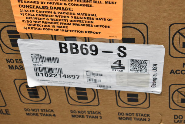 Box label for Hoshizaki BB69-S back bar cooler, showing model number and serial 8102214897; labeled for freight inspection.