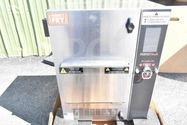 BRAND NEW 2024 Perfect Fry PFC730 semi-automatic ventless countertop deep fryer, 208V, 1 phase, slight scratches, labels visible.