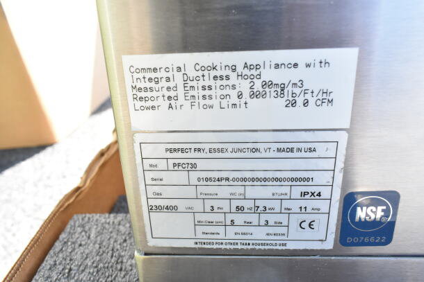 Brand new 2024 Perfect Fry PFC730 semi-automatic ventless countertop deep fryer. Features NSF label and emission details.