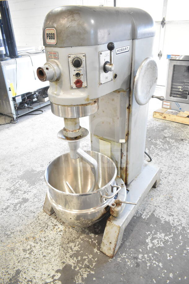 Hobart P 660 commercial 60-quart mixer with bowl and dough hook, 208-240V, 3-phase, floor style, visible rust, used condition.