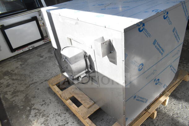 Brand new Vulcan full-size convection oven, seen on pallet, with protective covering and thermostatic controls; minor scratches.