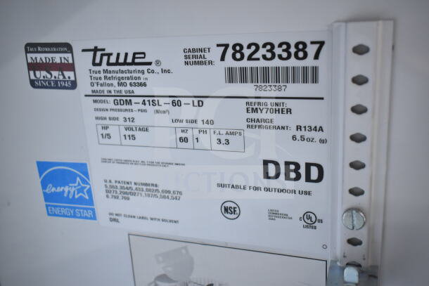 True GDM-41SL-60-LD cooler label; 115V, 1 phase, 60Hz, NSF certified, Energy Star, R134A refrigerant. Serial 7823387.