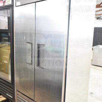 2017 True T-35 2-door reach-in cooler, commercial grade, on casters, stainless steel, 115 volts, 1 phase.