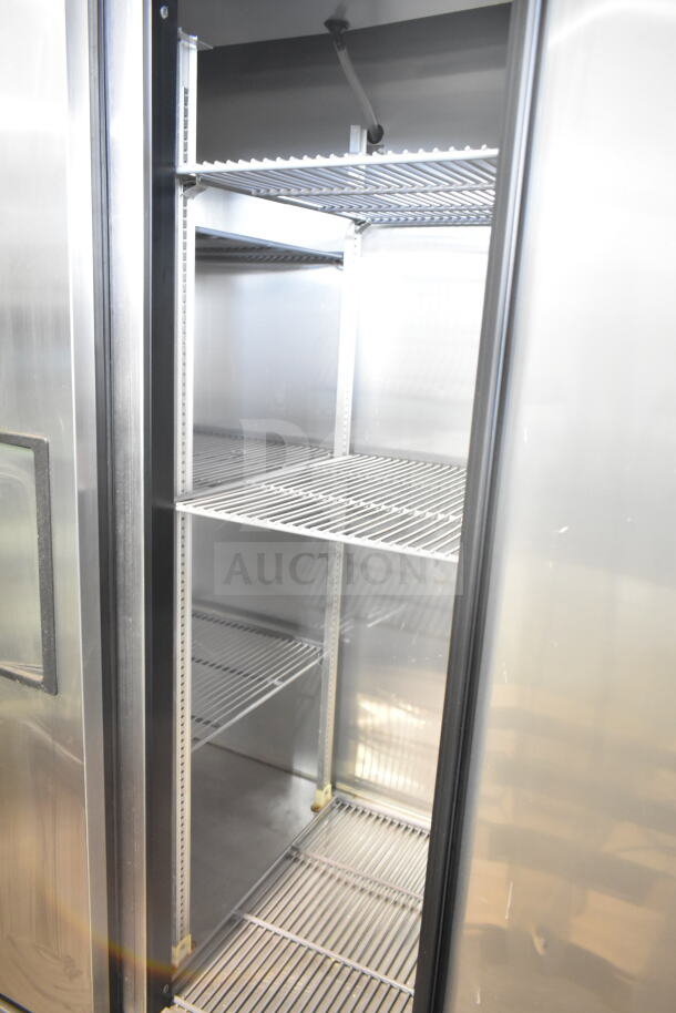 2017 True T-35 commercial 2-door reach-in cooler with wire shelves, stainless finish, on casters, 115 volts, 1 phase.