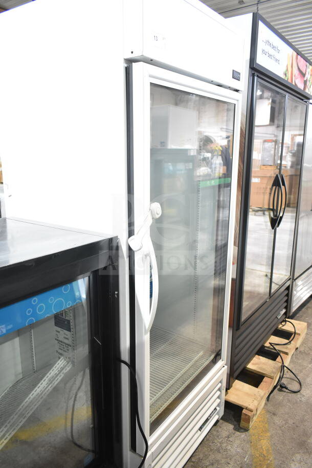 2021 True TSCI-600R-G-PH commercial cooler, single glass door, 115V, 1 phase, excellent condition, model number visible.