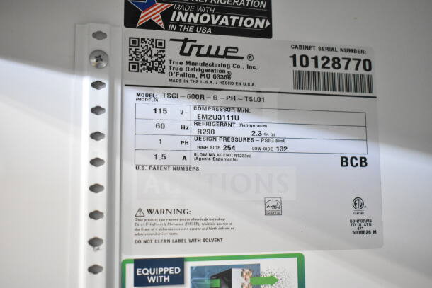 2021 True TSCI-600R-G-PH commercial cooler label, 115V, 1 Phase, uses R290 refrigerant. Serial: 10128770. Made in USA.