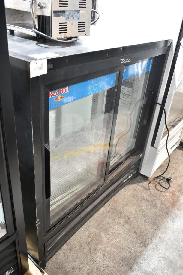 2020 True GDM-41C-48-HC-LD commercial 2-door reach-in cooler, black, with glass doors and Red Bull branding. 115V, 1 phase.