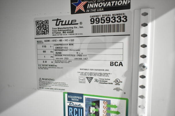 2020 True GDM-41C-48-HC-LD Cooler tag. Shows model, voltage, refrigerant R290, and serial number 9959333.