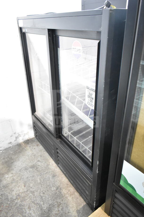 QBD CD4154SL commercial 2-door reach-in cooler, glass doors, black frame, with Pepsi branding, 115V, 1 phase.