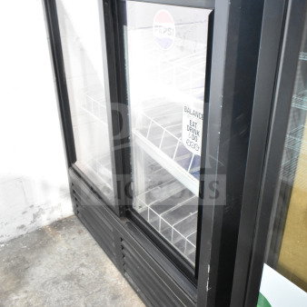 QBD CD4154SL commercial 2-door reach-in cooler, glass doors, black frame, with Pepsi branding, 115V, 1 phase.