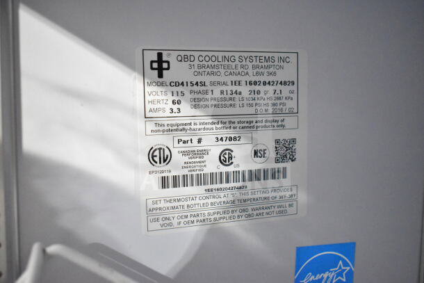 QBD CD4154SL cooler label showing specifications: 115 volts, 1 phase, 60Hz, 3.3 amps. Serial 1EE 160204274829. Energy Star certified.