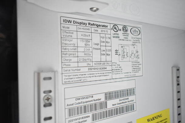 IDW G4-H0234B commercial cooler label showing model, specs, and serial number. 115V, 1 phase, R600a refrigerant.