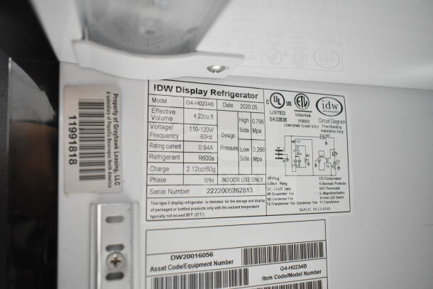 IDW G4-H0234B cooler label details; 115 volts, single phase. Effective volume: 4.22 cu. ft. Serial: 2222005262813.