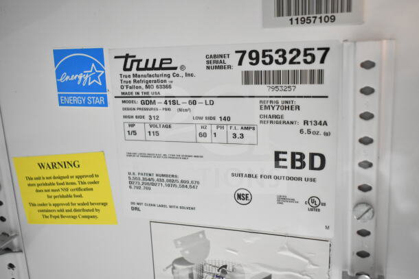 True GDM-41SL-60-LD Commercial Cooler label shows model, voltage, and Energy Star mark. Not for perishable foods.