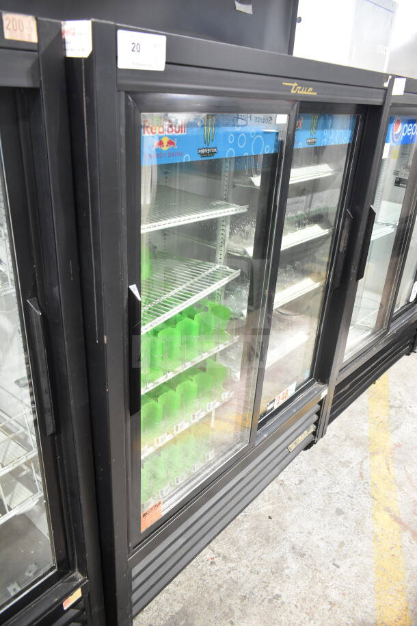 True GDM-41SL-60-LD Commercial Cooler, 2-door, glass front, 115V, 1-phase, clean shelves, suitable for retail use.