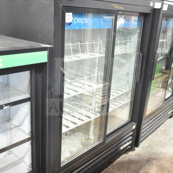 True GDM-41SL-60-LD 2 Door Cooler Merchandiser, black exterior, glass doors, shelving, 115V, used condition.