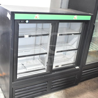 QBD CD4148SL-HC commercial 2-door reach-in cooler. Features glass doors, metal shelving. 115V, single phase.