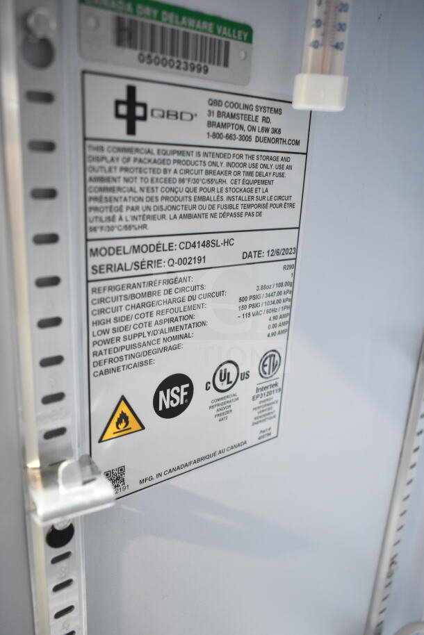 QBD CD4148SL-HC Commercial Cooler label, 2-door, 115V, 1 phase, showing model, serial number, and compliance badges.