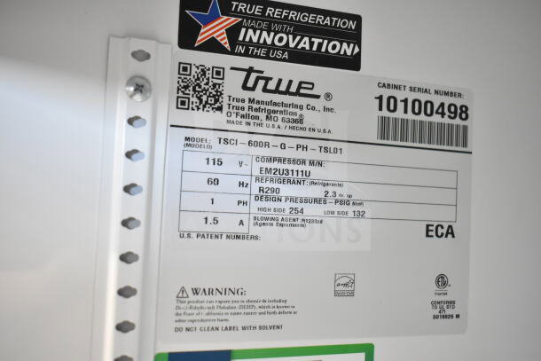 2021 True TSCI-600R-G-PH single door reach-in cooler label, 115V, R290 refrigerant, serial 10100498.