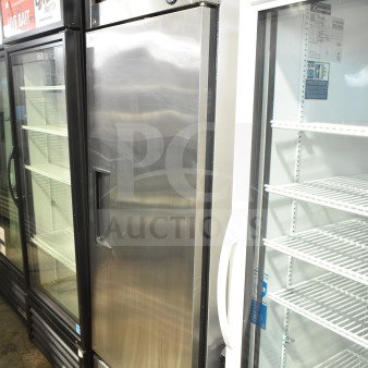 True T-19F Commercial Single Door Reach-In Freezer, stainless steel finish, 115 Volts, 1 Phase, temperature gauge on top.