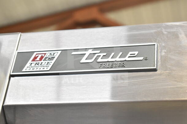 True T-19F single door commercial freezer, stainless steel, True Manufacturing logo visible, 115V, 1 phase.
