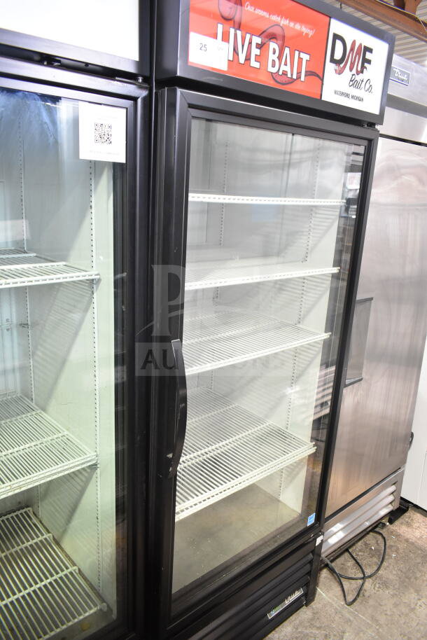2023 True GDM-26-HC commercial reach-in cooler, black frame, glass door, adjustable shelves, 115V, live bait signage.