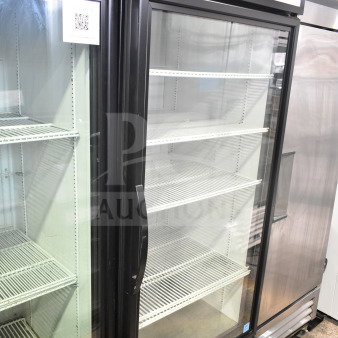 2023 True GDM-26-HC commercial reach-in cooler, black frame, glass door, adjustable shelves, 115V, live bait signage.