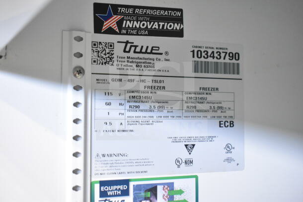 2021 True GDM-49F-HC Commercial Cooler label, 115V, 1 Phase, model GDM-49F-HC, refrigerant R290, made in USA.