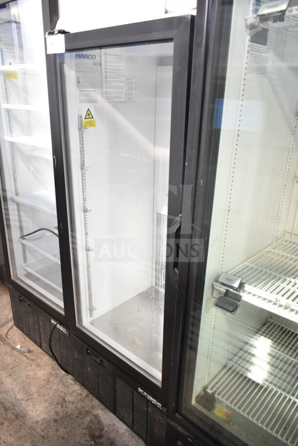 Habco SE12HC commercial single door cooler, black frame, glass door, interior shelves, 115V, 1 phase, good condition.