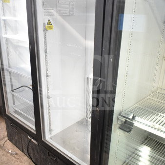 Habco SE12HC commercial single door cooler, black frame, glass door, interior shelves, 115V, 1 phase, good condition.