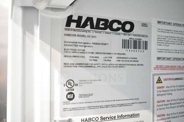 2019 Habco SE18HC commercial single-door cooler label showing specifications: 115V, 1 phase, UL and NSF listed.