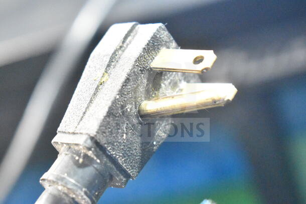 A close-up of a power plug for the 2017 True T-35-HC Commercial 2 Door Reach In Cooler. Features standard prongs.