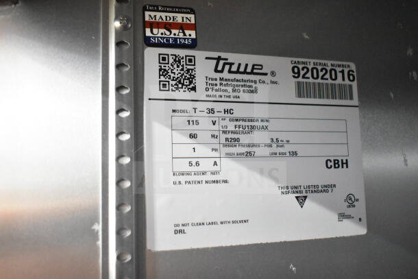 2017 True T-35-HC Commercial 2 Door Reach In Cooler, 115V, 1 Phase, on casters. Model T-35-HC, Made in USA.