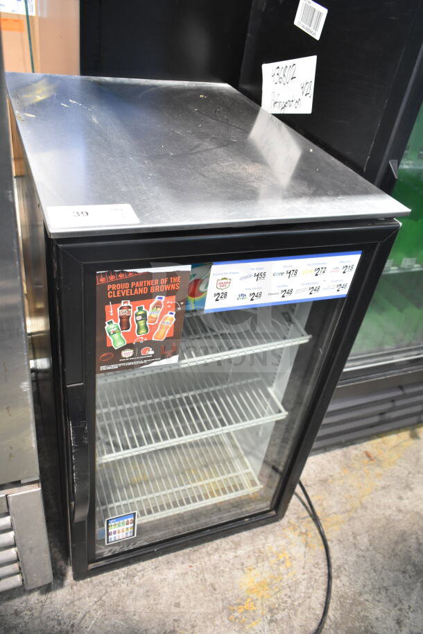 2018 True GDM-06-34-HC mini cooler merchandiser, single door, 115V, good condition, clear glass front, visible shelving.