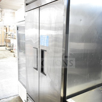 2017 True T-35-HC Commercial 2 Door Reach-In Cooler, stainless steel, on casters, 115V, 1 phase, model label visible.