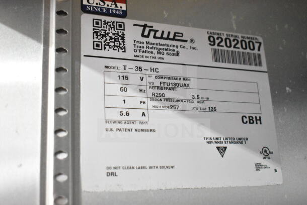 2017 True T-35-HC Commercial 2 Door Cooler label, 115V, 1 Phase. Features model number, refrigerant info, and serial number.