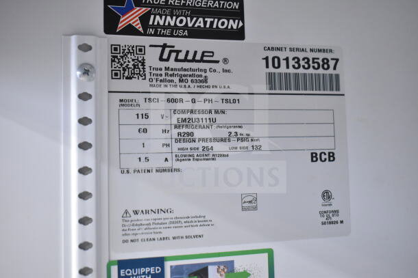 2021 True TSCI-600R-G-PH single door cooler label showing model, voltage, phase info, and Energy Star note.