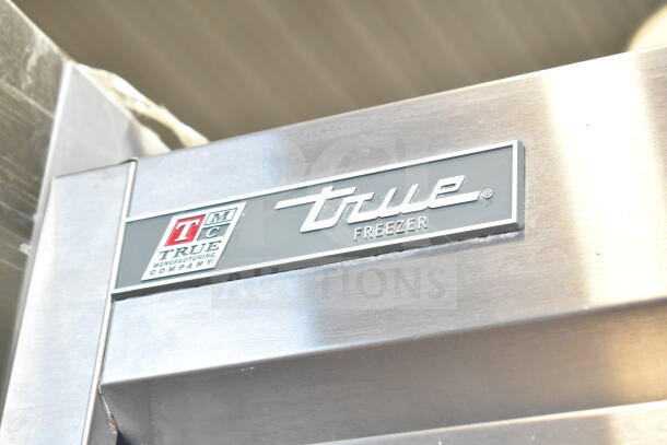 2017 True T-19F commercial single-door freezer on casters, stainless steel, 115 volts, 1 phase, brand logo visible.