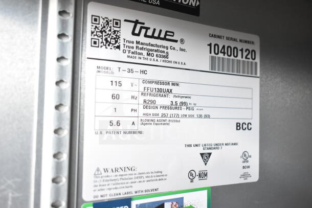 2022 True T-35-HC Commercial Cooler label showing model, voltage, refrigerant type, and certifications.