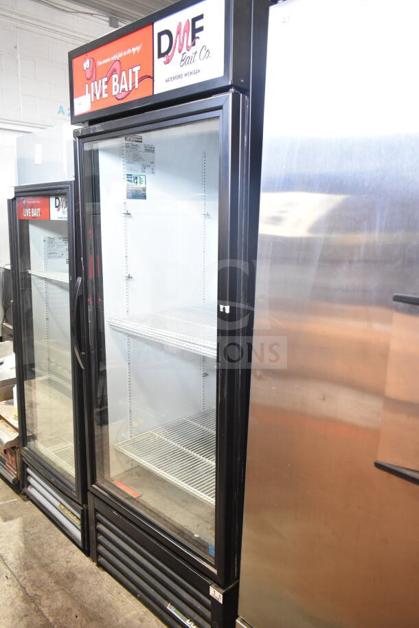 2021 True GDM-26-HC cooler merchandiser, single glass door, 115V, 1 Phase, branded "LIVE BAIT," lightly used condition.
