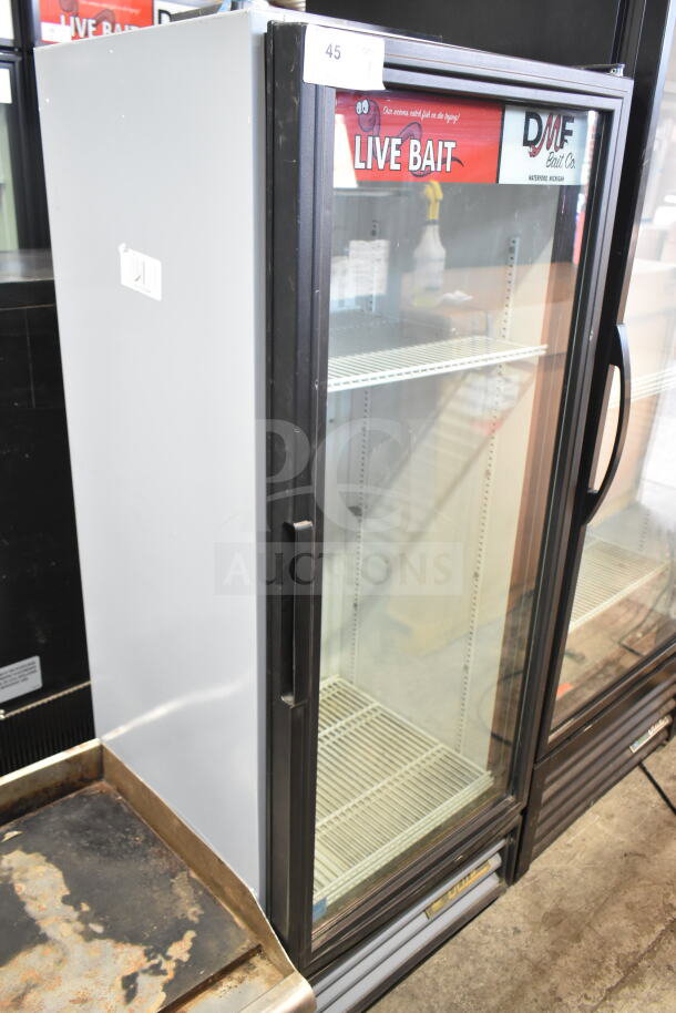 True GDM-12-LD commercial single door reach-in cooler, 115 volts, clear glass front, shelving, used condition.