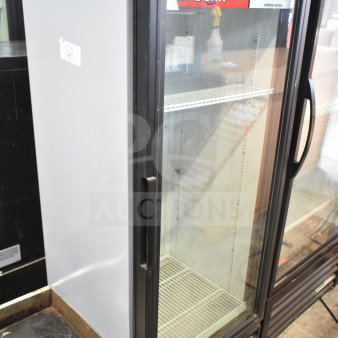 True GDM-12-LD commercial single door reach-in cooler, 115 volts, clear glass front, shelving, used condition.