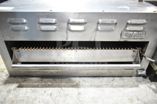 Imperial Commercial Gas Powered Cheese Melter, stainless steel, visible wear, Imperial logo, suitable for professional kitchens.