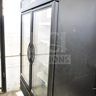 2021 True GDM-49-HC Commercial Cooler, 2 glass doors, black exterior, “Cold Drinks” label, shelves inside, 115V, 1 phase.