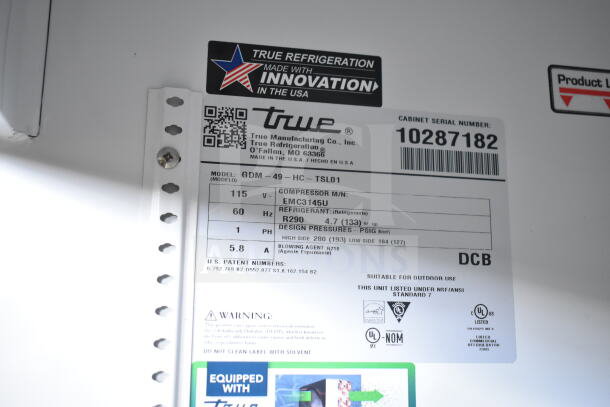 2021 True GDM-49-HC Commercial Cooler, 115V, 1 Phase, with innovation label and serial number 10287182.