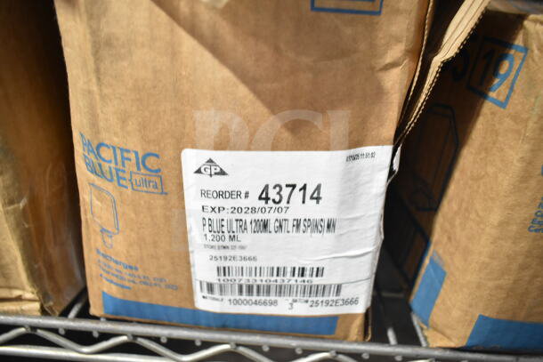 Brown bag labeled "Pacific Blue Ultra," 1200ml refill, reorder #43714, exp. 2028/07/07, on metal shelf.